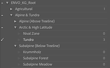Lightroom keyword panel showing habitat taxonomy hierarchy