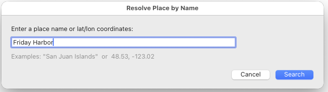 Lightroom places resolver dialog showing search for Friday Harbor