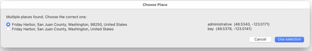 Lightroom places resolver results showing two candidates for Friday Harbor