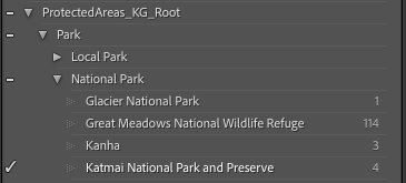Lightroom keyword panel showing protected areas taxonomy hierarchy